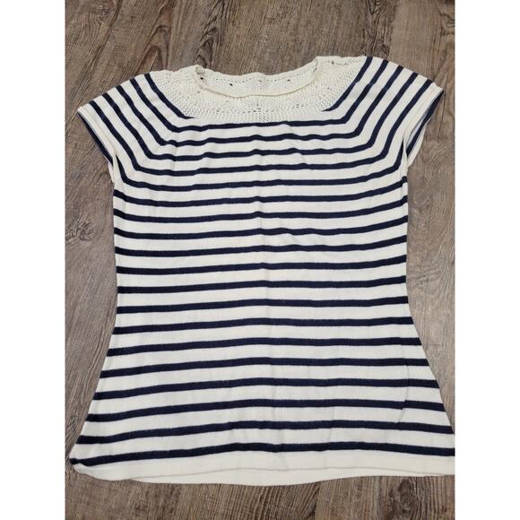 Chaps Crochet Top Short Sleeve Navy Ivory Sweater Pullover Size Medium - Picture 1 of 4